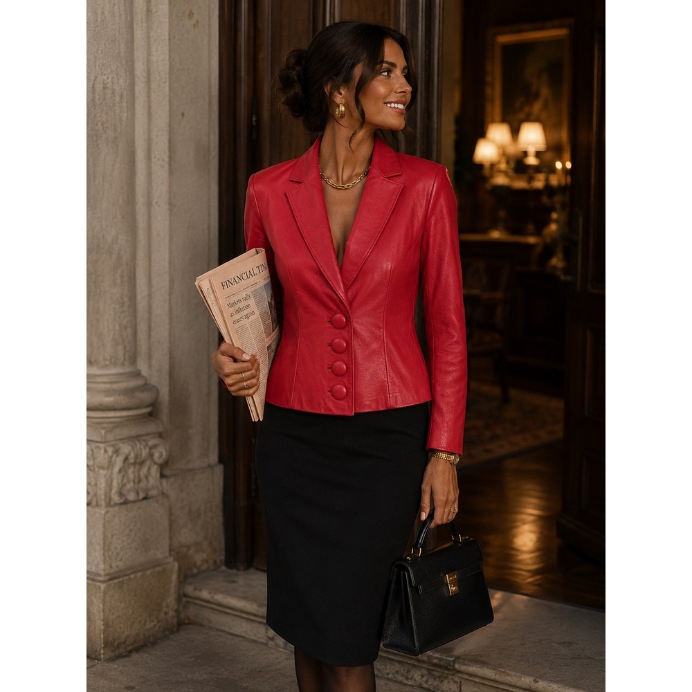 K. Milburn Vintage Red Leather Blazer Jacket Women Medium Tailored Button Front
